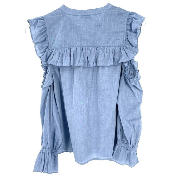 Joie Akari Ruffle Cold Shoulder Chambray Long Sleeve Button Front Blouse Top - Picture 7 of 9